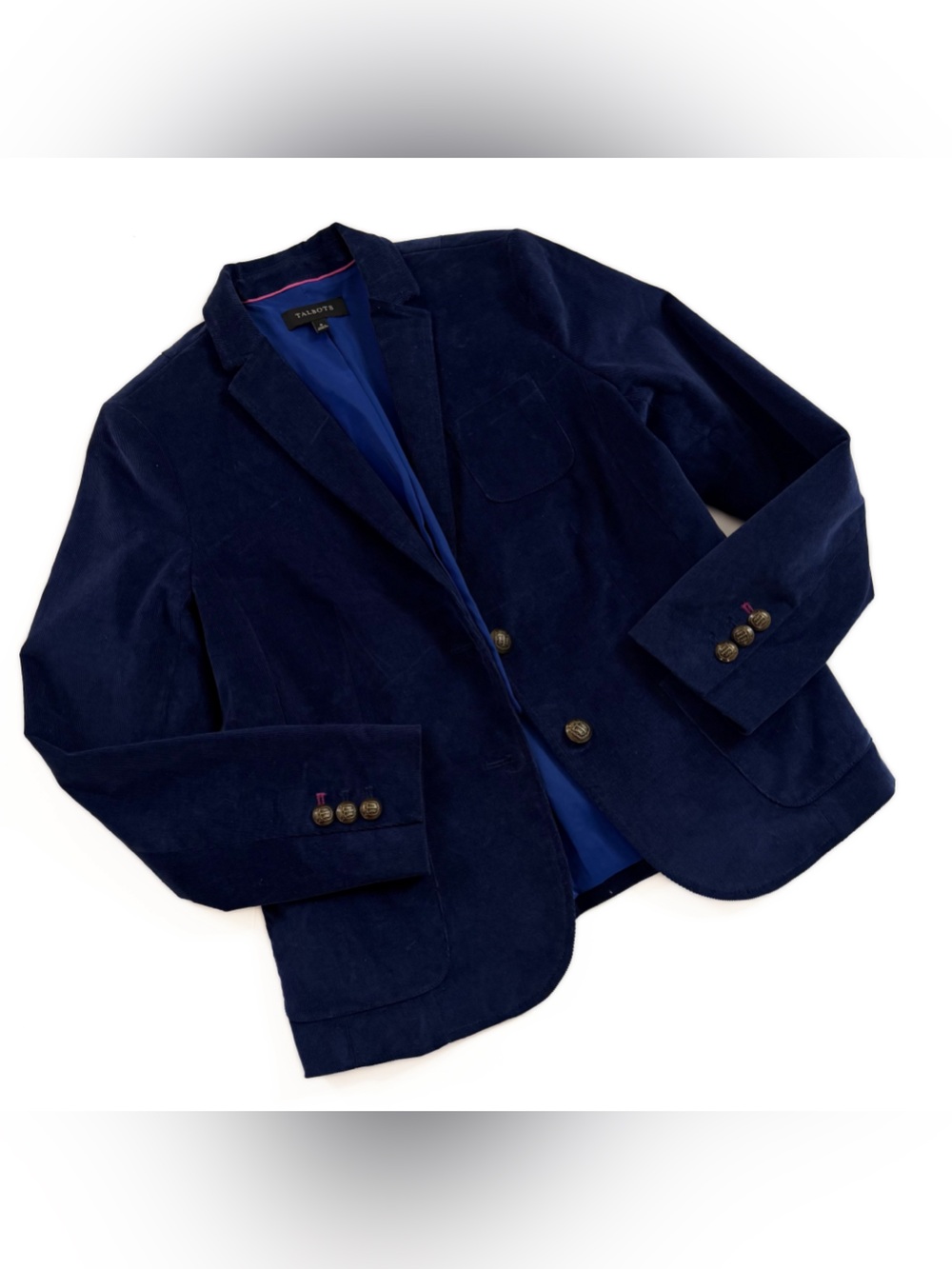 Talbots Blazer Jacket Womens 8 Blue Corduroy Fitted Gold Buttons